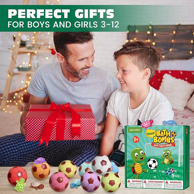 Qivatex Bath Bombs with Surprise Toys Inside, Soccer Gifts for Kids Boys Girls, 9 Kids Bath Bombs Gift Set, Handmade Nature Bubble Bath Fizzes Bomb, Birthday Gifts for Kid