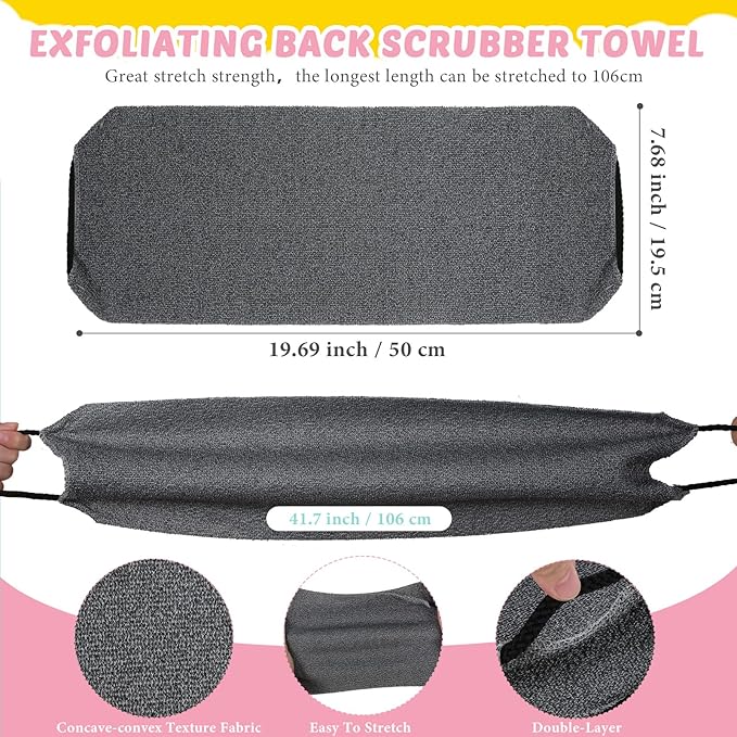 4 Pack Exfoliating Washcloth Back Scrubber Set, 2 Exfoliating Body Scrubber Nylon Back Body Scrub Towel, 2 Pairs Shower Gloves for Women Men Bath Shower Exfoliation(Pink, Gray)