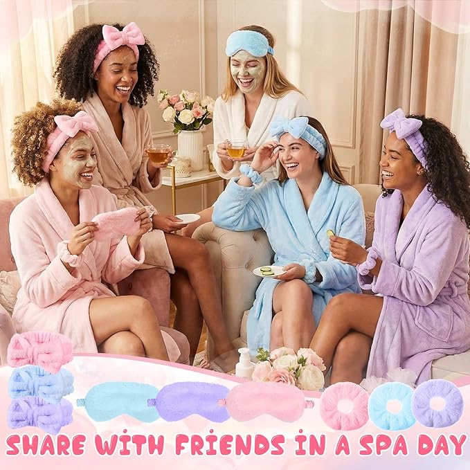Mimorou 48 Pieces Spa Party Supplies Gift for Mother's Day 12 Spa Headband 12 Plush Sleep Eye Mask 12 Velvet Scrunchies 12 Organza Bags for Sleepover Slumber Party Graduation Gift(Pink,Blue,Purple)