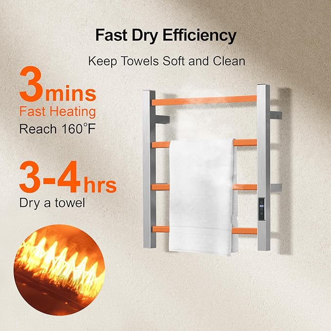 HARNDY Electric Towel Rack with Voice Control for Alexa & Google Home,TUYA - Wall-Mounted Bathroom Heating Towel Warmer,Plug-in,Stainless Steel Material (Square Brushed with Timer, 4 Bar)