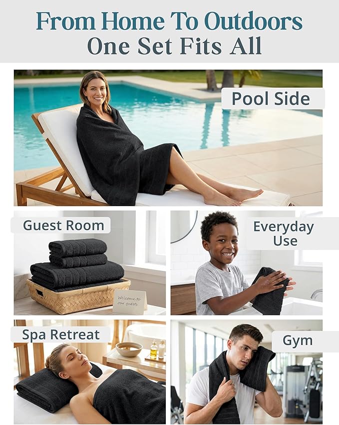 Casa Platino 100% Cotton Towel Set for Bathroom - 18 Piece - Super Soft, Hotel Quality - 6 Bath, 6 Wash Cloths, 6 Hand Towels for Bathroom - Classic, Gentle on Skin, Ideal for Spa & Daily Use - Black