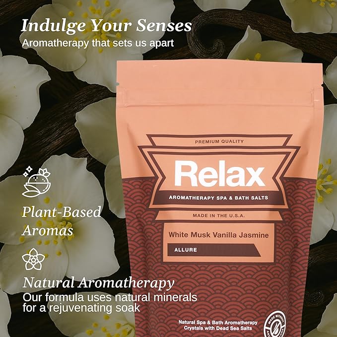 Relax Spa & Bath Aromatherapy Bath Salts for Hot Tub, Bath, or Spa, 2LB Bag Infused with Magnesium, Bath Salt for Soaking, White Musk Vanilla Jasmine Scent