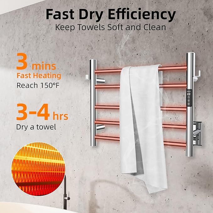P&Dlusir Towel Warmer, Heated Towel Rack with Smart Timer and Thermo Control, Wall-Mounted Heated Towel Rail, Stainless Steel, Hard-Wired/Plug-in, Polished, 5 bar