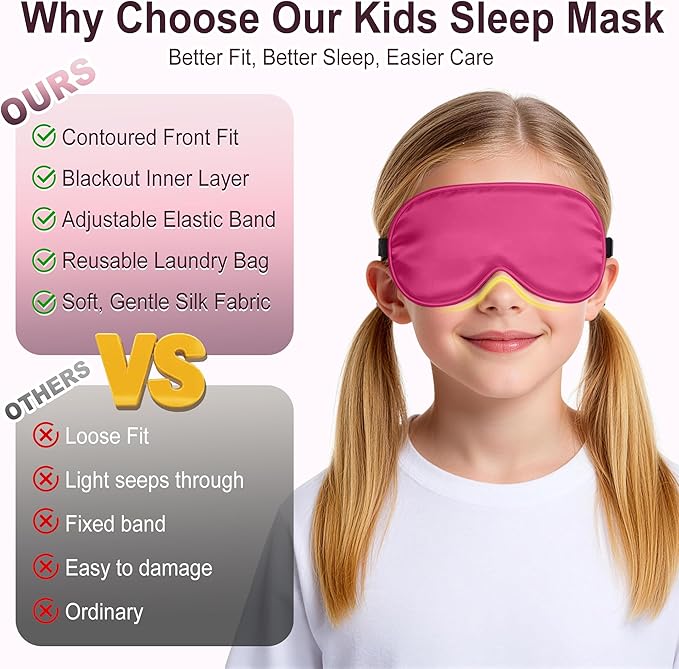 Kids Sleep Mask, Kids Eye Mask for Boys Girls, Kid Silk Eye Masks with Adjustable Strap for Sleeping, 100% Light-Blocking Sleep Eye Cover, Includes Protective Laundry Bag (Rose red)