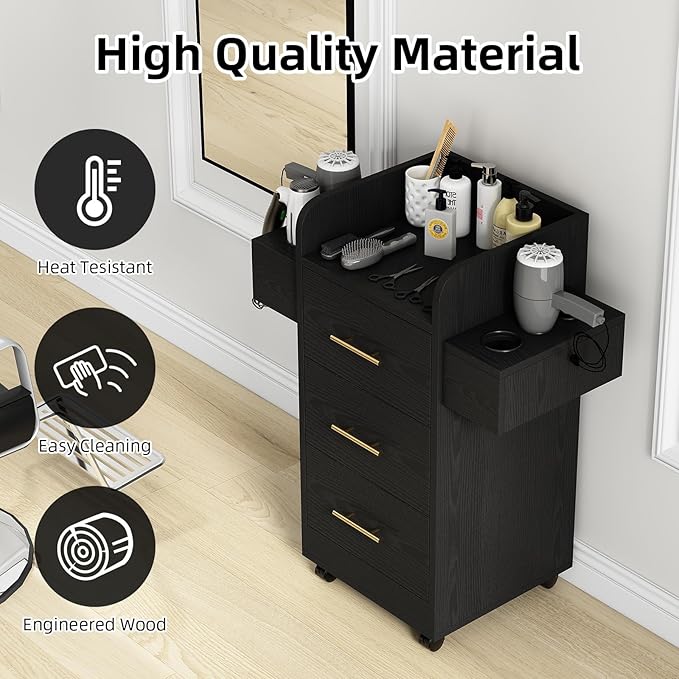 4ever2buy Rolling Salon Station for Hair Stylist, Salon Trolley Cart with with Wheels, Hair Stylist Beauty Barber Station, 6 Hair Dryer Holders & 3 Drawers, Black and Gold