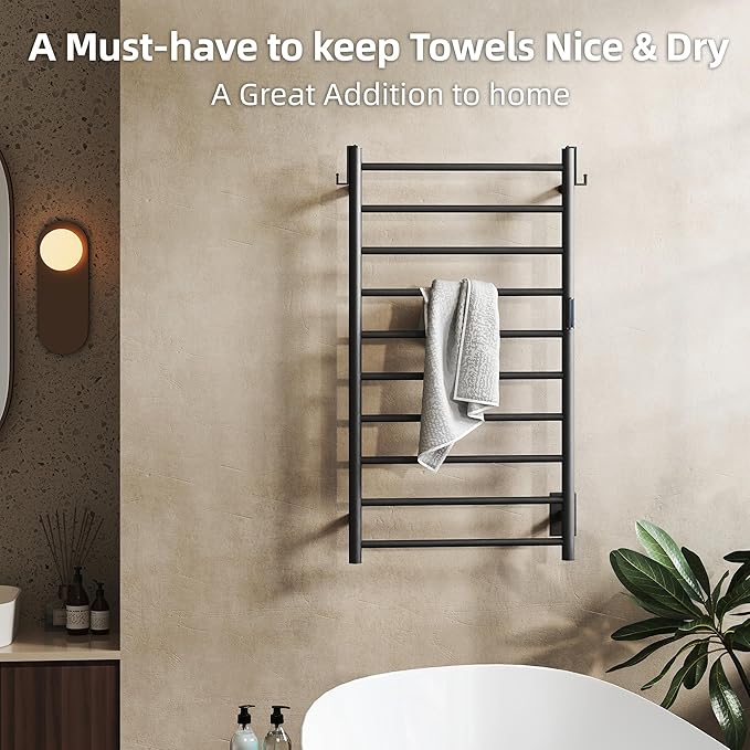 P&Dlusir Towel Warmer, Heated Towel Rack with Smart Timer and Thermo Control, Wall-Mounted Heated Towel Rail, Stainless Steel, Hard-Wired/Plug-in, Matte Black, 10 bar