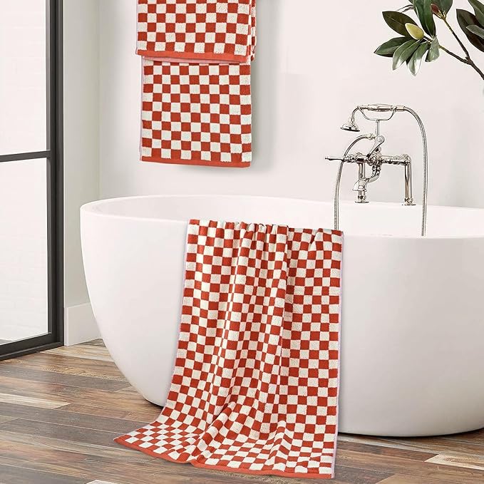 Jacquotha Ultra Soft Bath Towels 2 Pack - 520 GSM Cotton Highly Absorbent Checkered Towels Set for Bathroom Shower Pool Travel 55" x 28"(Coral)