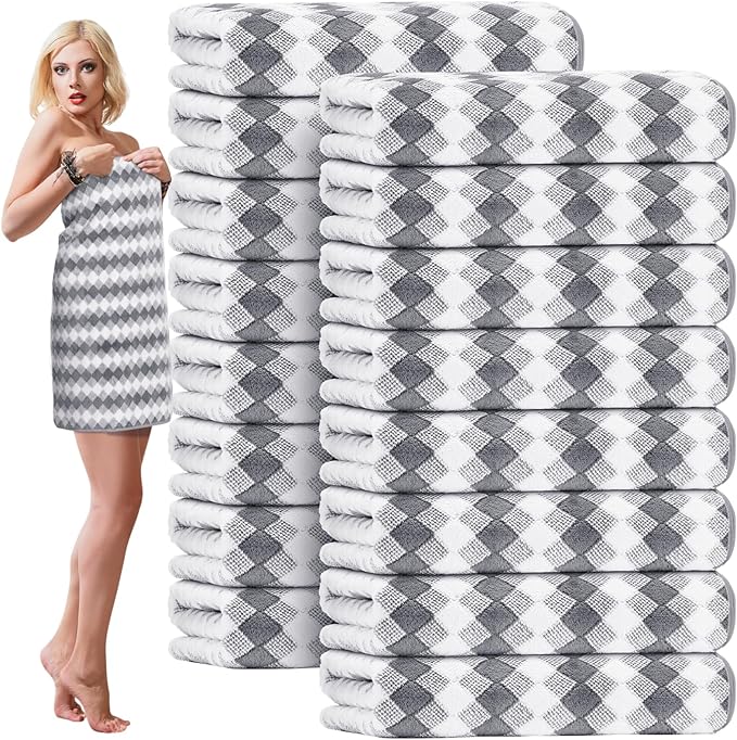 SmoothNovelty 16 Pack Microfiber Bath Towels Bulk 27'' x 60'' Oversized Size Bath Towel Highly Absorbent Extra Large Soft Drying for Beach Shower Summer Salon Sport Gym Party (Grid,Grey)