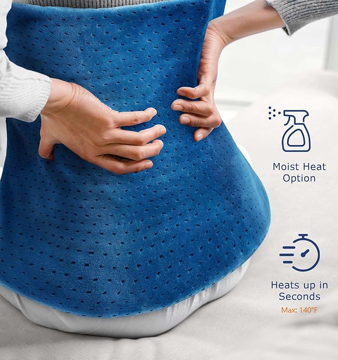 Mothers Day Gifts for Mom Her, Heating Pad for Back Pain & Cramps, 24"x 20" Electric Heating Pad for Shoulder, Neck, Cramp, Menstrual Pain, Auto-Off, Machine Washable, Moist/Dry Heat pad, Blue