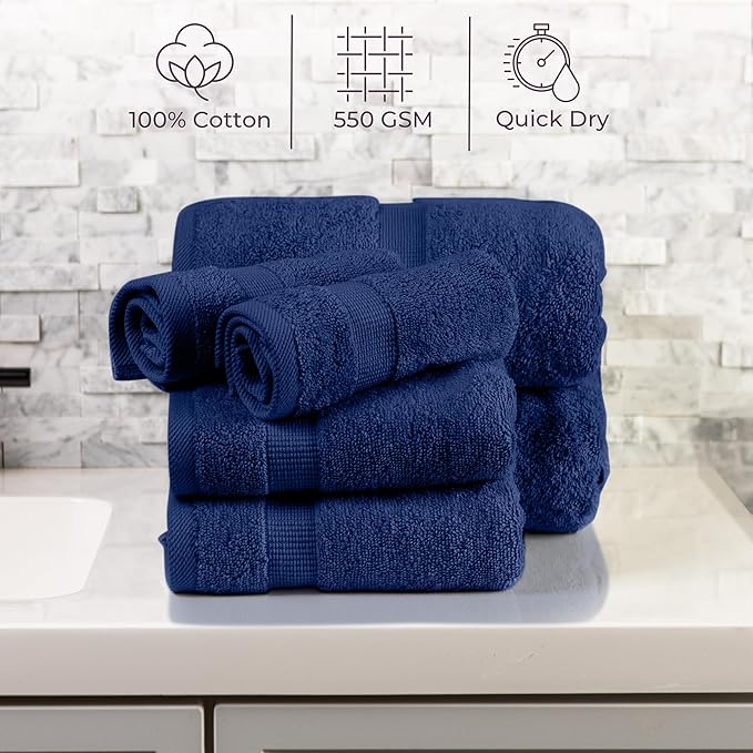 Lavish Home 6 Piece Towel Set - 550 GSM 100% Cotton Bathroom Accessories - 2 Bath Sheets, 2 Hand Towels, and 2 Wash Cloths - Soft and Absorbent Bathroom Set for Shower, Gym, Dorm, and Spa (Navy)