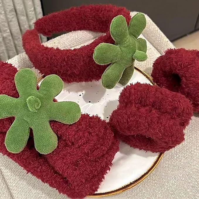 Ivyu Spa Skincare Headbands& Wristband Set，Cute Strawberry Makeup Headband For Women Girls,Non Slip Sponge Headband，Skincare-Padded Soft Thick Terry Cloth Hair Band Accessory.