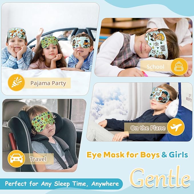 Kids Silk Sleep Mask – 100% Mulberry Silk Eye Cover, Kid Eye Mask with Adjustable Strap, Soft & Breathable Blackout Sleeping Mask for Boys and Girls Ages 5-15 (Soccer Style)