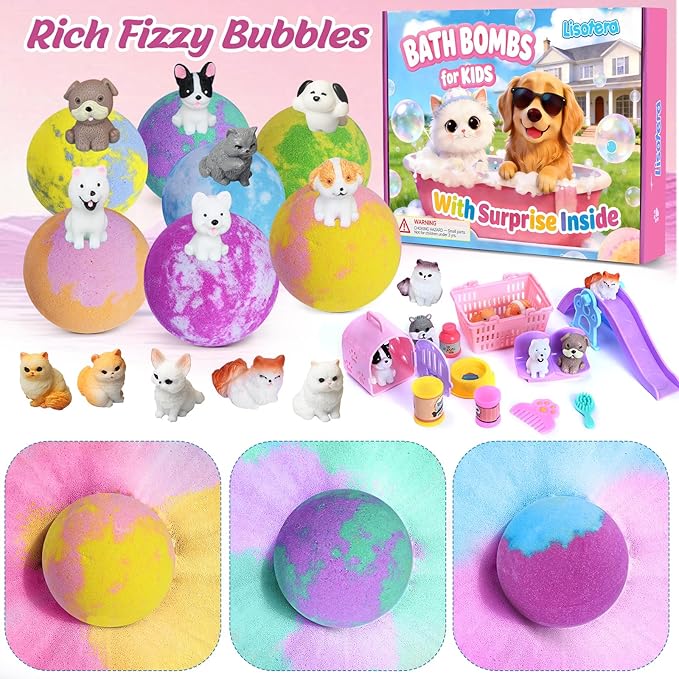 Kids Bath Bombs with Surprise Inside, Dog & Cat Toys Pretend Playset, Bubble BathBombs Fizzies 12 Pack Gift Set for Boys Grils, Birthdays Halloween Christmas Gift for Boys Girls