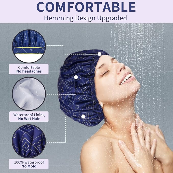 3 PCS Shower Caps for Women, Upgrade Comfortable & Extra Large & Double Layers Waterproof Bath Cap, Oversized Designed Adjustable Hem Hair Cap for All Hair Lengths/Style