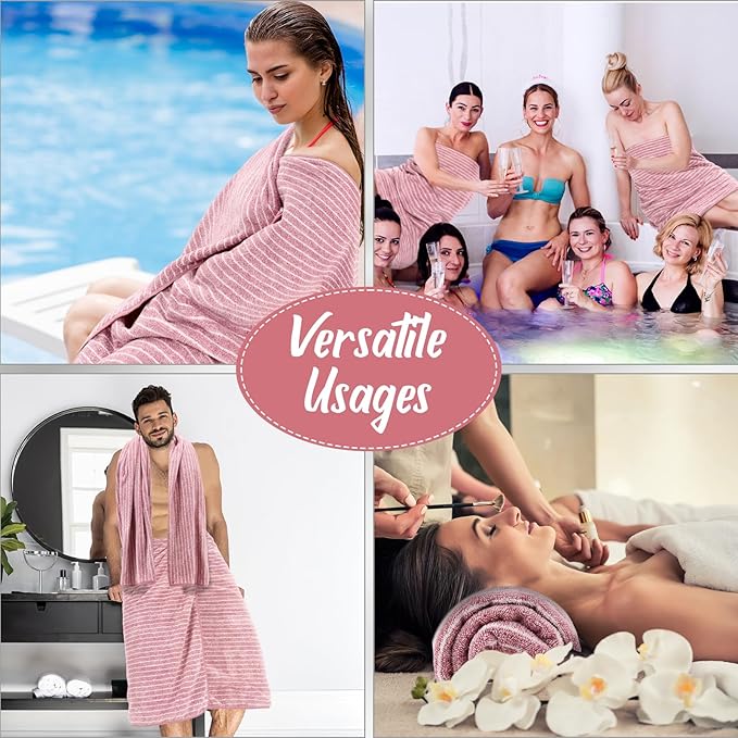 SmoothNovelty 16 Pack Microfiber Bath Towels Bulk 27'' x 60'' Oversized Size Bath Towel Highly Absorbent Extra Large Soft Drying for Beach Shower Summer Salon Sport Gym Party (Pinstripe,Pink)