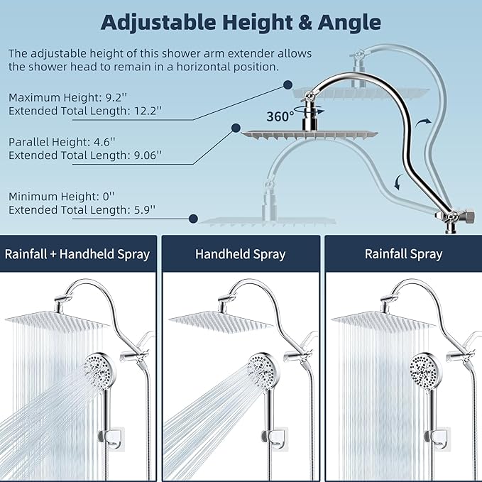 Hibbent All Metal CUPC Certified Shower Head, 10'' High Pressure Rainfall Shower Head, Handheld Showerhead Combo, 12'' Adjustable Extension Arm, 10 Sprays, 71'' Shower Hose, Showerhead Holder, Chrome