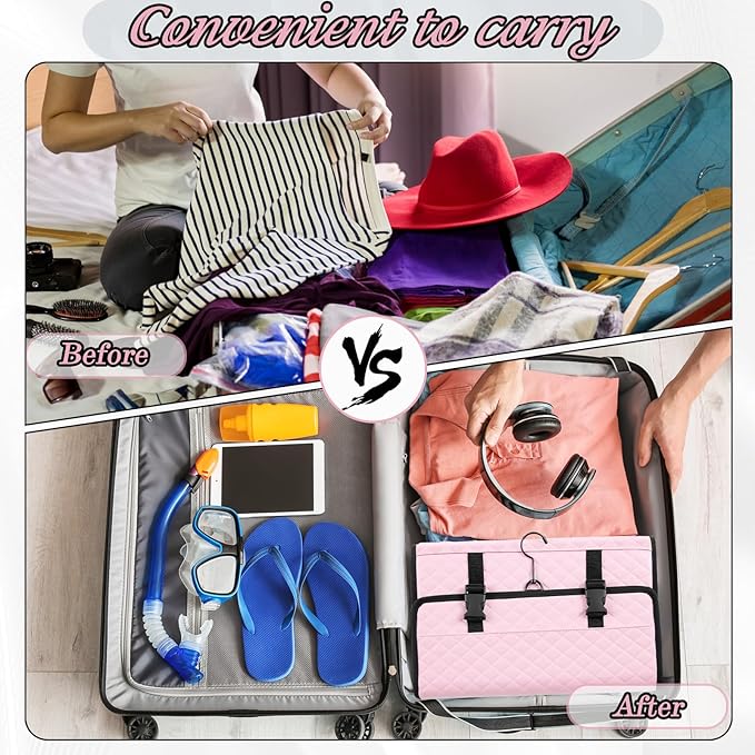 Travel Hanging Toiletry Bag with Mirror Leather Travel Hanging Mirror Foldable Dance Competition Makeup Bag Backstage Cosmetic Organizer for Traveling Dancers Spa(Classic,Pink)