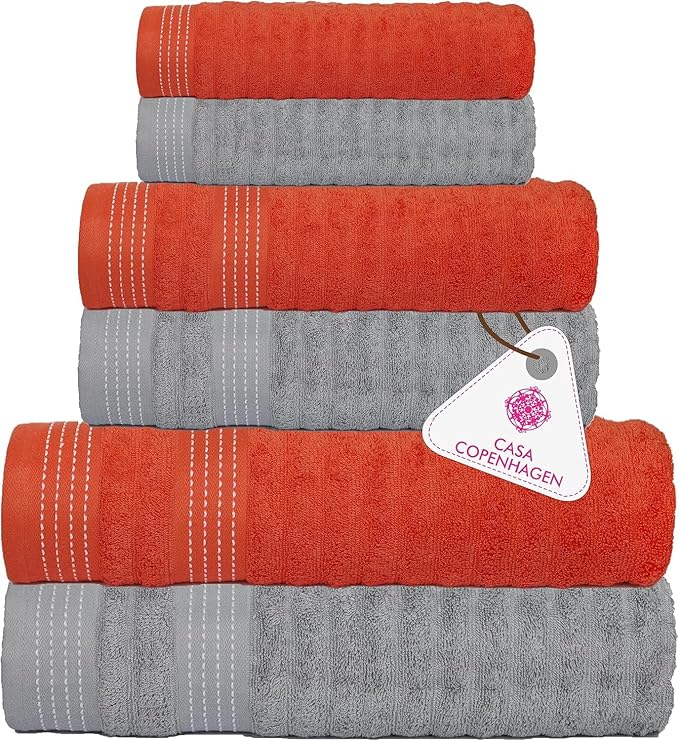 CASA COPENHAGEN Elegance 6Pcs 100% Egyptian Cotton Large Designer Towels Gift Set- Grey Violet-Coral, 550GSM, 2Bath 2Hand 2Washcloths, Bath Towels for Bathroom Set for Women & Men