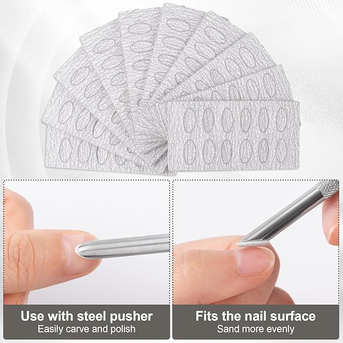 HINZIC Stainless Steel Nail Cuticle Pusher Tools Dual Ended Cuticle Remover Self-Adhesive 240 Grit Sandpaper Sheets Nail Care Replacement for Women Girls