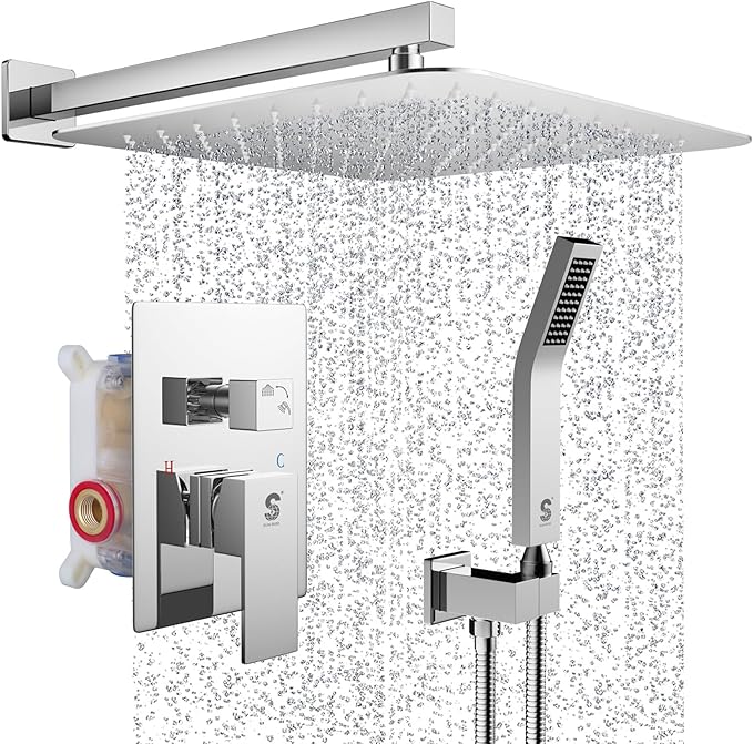 SR SUN RISE Polished Chrome Square Rainfall Shower Head and Handle Set, Wall Mounted Shower Fixtures, Metal Shower Faucet Trim Repair Kits (With Shower Valve) 16 Inches