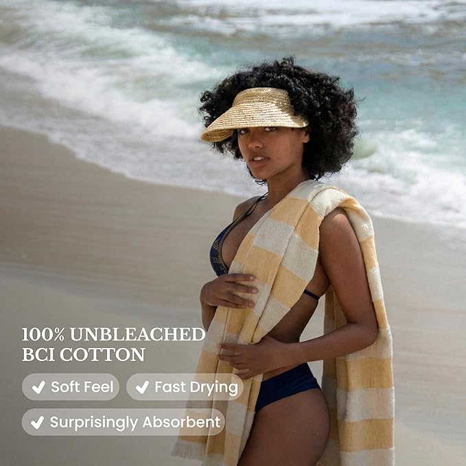 Lightweight Turkish Beach Towel - 100% BCI Cotton, Unbleached Raw Fringe, Oeko-TEX Certified, Absorbent, Eco-Friendly, 36x66”, Golden Lucuma & Natural Stripes, Portable Sarong Blanket for Pool, Travel