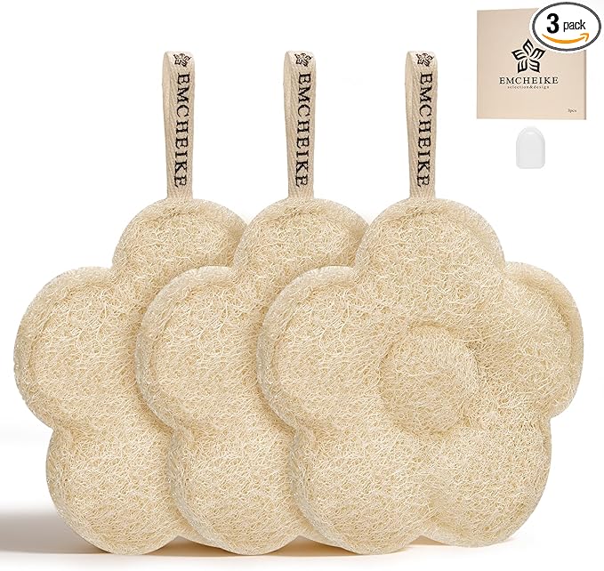Natural Loofah Exfoliating Body Scrubber Made with Natural Egyptian Shower Loofah Sponge Travel Loofah Sponge for Women & Men with an Adhesive Hook (3 Packs)