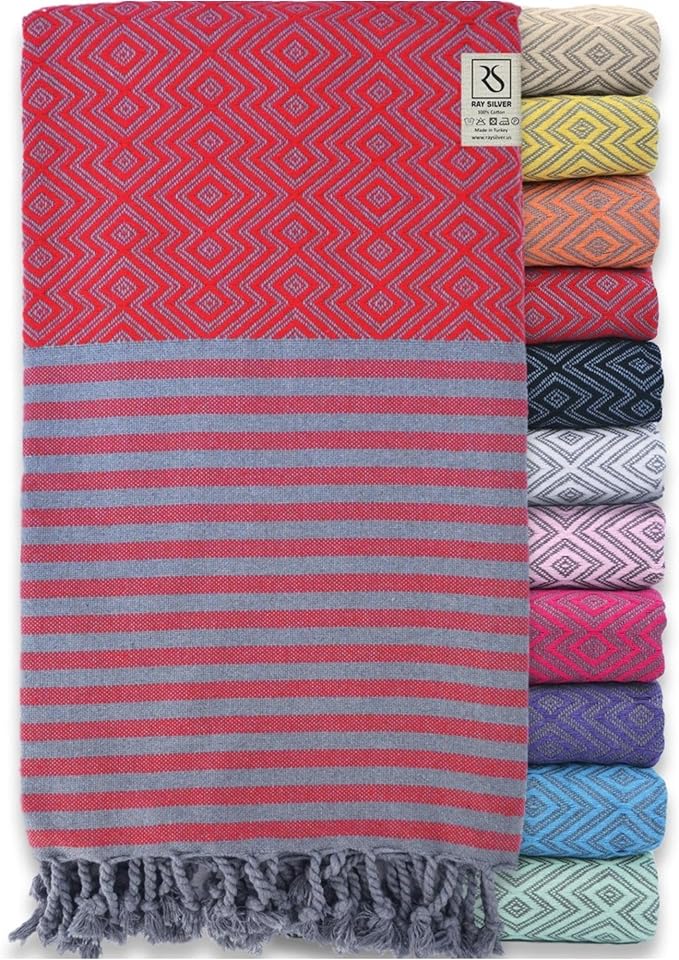 RAY SILVER Turkish Beach Towel – 100% Turkish Cotton 40"x71" Quick Dry Oversized Beach Towel Sand Free Lightweight Turkish Towel for Travel Camping Bath Sauna Beach Pool Gym Yoga