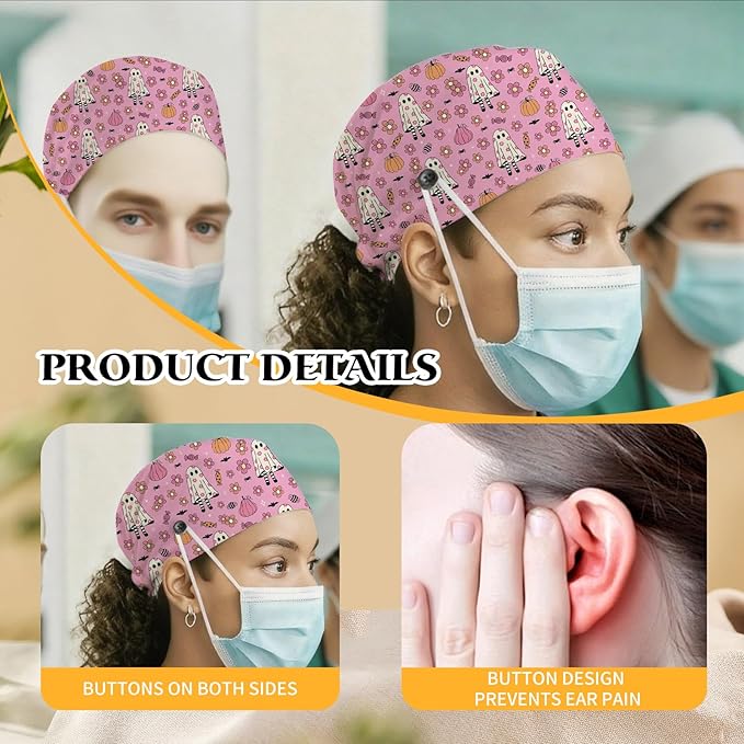 Adjustable Scrub Cap with Buttons & Sweatband, Working Hat with Elastic Tie Back, Unisex Nurse Surgical Caps for Women & Men