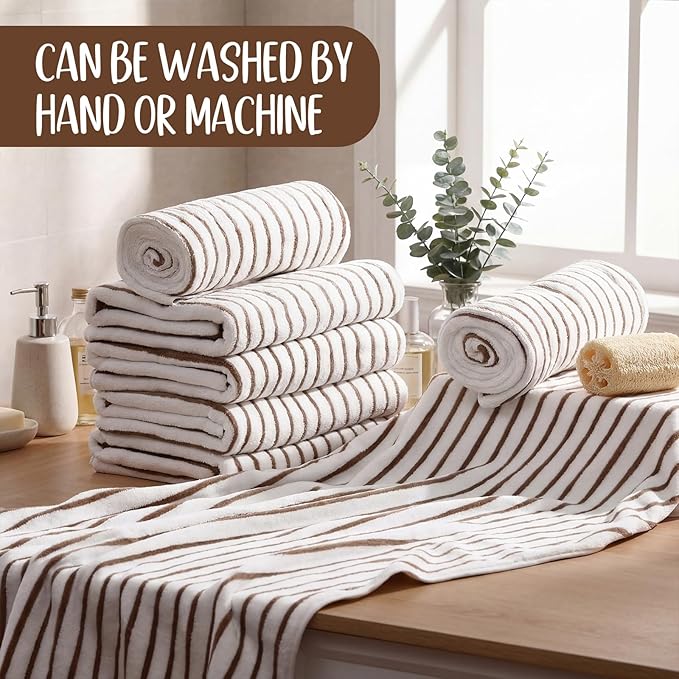 SmoothNovelty 16 Pack Microfiber Bath Towels Bulk 27'' x 60'' Oversized Size Bath Towel Highly Absorbent Extra Large Soft Drying for Beach Shower Summer Salon Sport Gym Party (Stripes,Khaki)