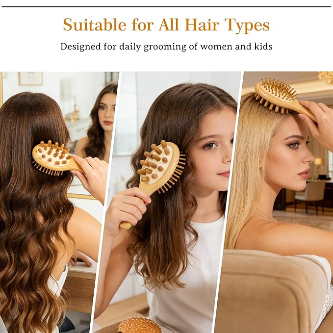 STYLEMATE 2-in-1 Mini Bamboo Hair Brush for Women Kids, Small Scalp Massager Hair Growth, Natural Wooden Detangling Toddler Brush and Massaging Scalp
