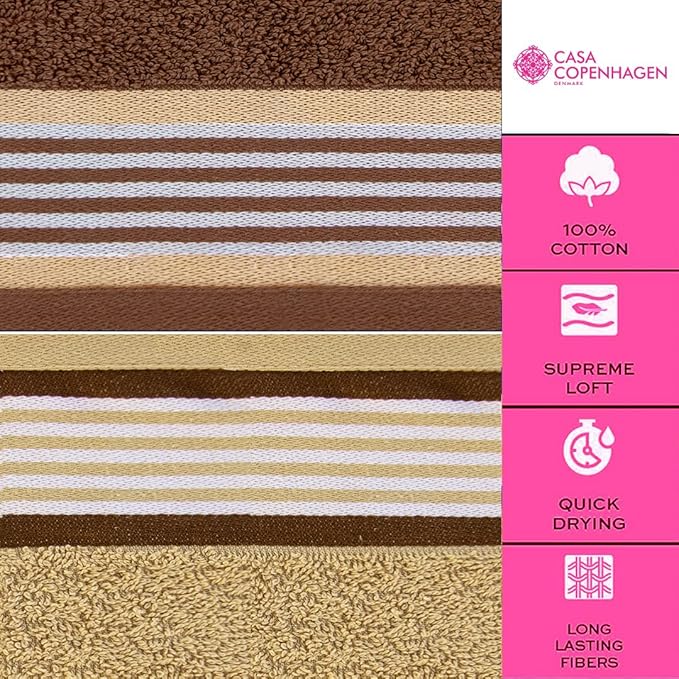 CASA COPENHAGEN He & She 4Pcs 100% Egyptian Cotton Large Designer Towels Gift Set- Brown - Beige, 550 GSM, 55"x27", 4Bath Towels for Bathroom (Box Pack, Set for Women & Men)