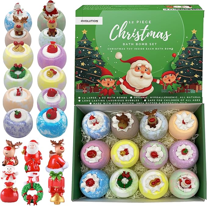 EvolutionUSA 12 Christmas Bath Bombs for Kids - Holiday Bath Bombs with Surprise Inside, Perfect Christmas Stocking Stuffers or Festive Holiday Bathombs Set, Natural & Hypoallergenic Bath Ball Set
