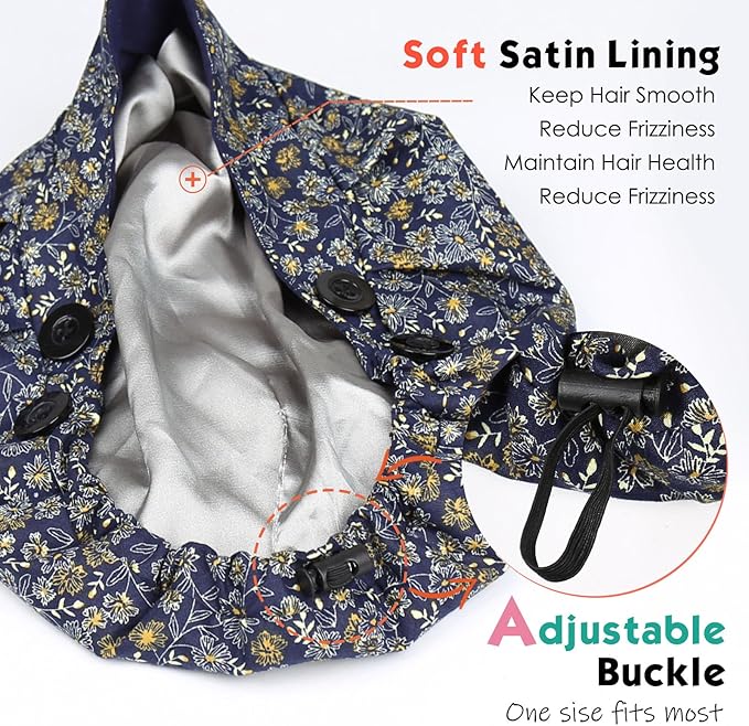 2 Pack Satin Lined Bouffant Scrub Caps with Buttons, Adjustable Scrub Caps for Women Men