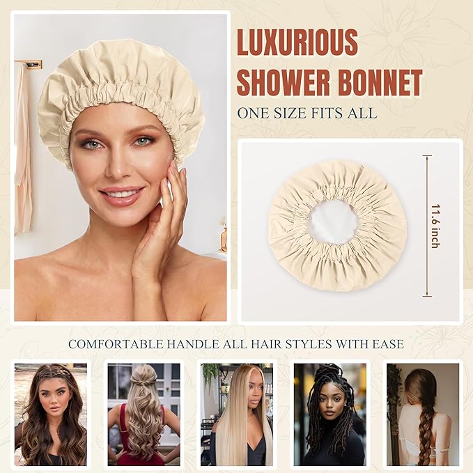 Reusable Shower Cap for Women, Large Waterproof Shower Bonnet with Elastic Band, Washable Bath Hair Cap for Long, Curly Hair, Braids, Daily Shower, Home Spa, Travel(Champagne)