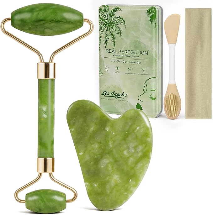 Real Perfection Gua Sha Facial Tools Face Roller for Wrinkles Jade Roller and Gua Sha Set, Scrubber Pore Brush Headband Skin Care Tools for Travel Skincare Routine Massaging Reducing Puffiness - Green