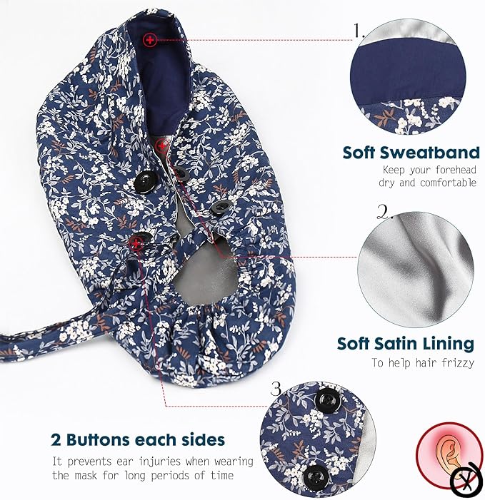 Satin Lined Scrub Caps with Buttons & Sweathand, Surgical Caps for Women