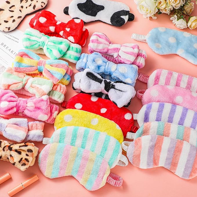 Xuhal 24 Pcs Spa Sleepover Party Favors Supplies Plush Headband and Eye Mask for Women Soft Makeup Washing Face Sleep Hair Bands for Girl Gift Birthday Stuff(Dots and Stripes)