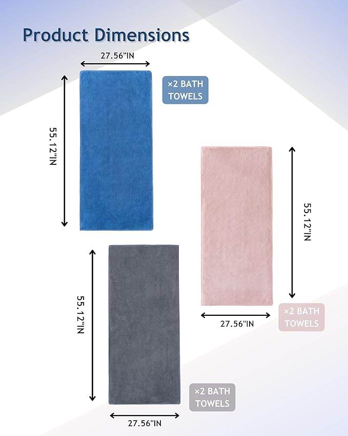 sakano 6-Piece Colorful Microfiber Bath Towel Set - Fast-Drying, Super Absorbent & Non Shedding Towels for Family, Gym, Spa and Salon -Pink+Dark Gray+Blue, 28x57 Inches