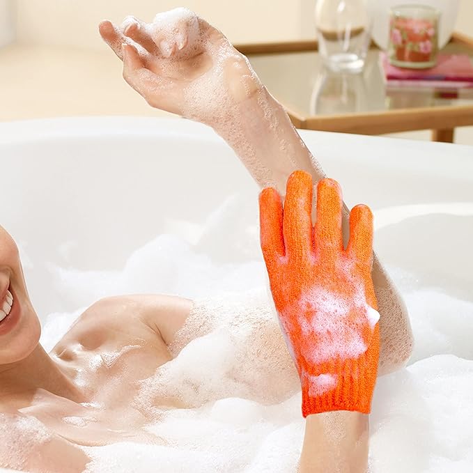 MIG4U Exfoliating Shower Gloves for Bath, Premium Nylon Body Wash Bathing Gloves for Men Women Spa, Massage and Skin Scrub, Dead Skin Remover with Hanging Loop, Orange, Regular Size