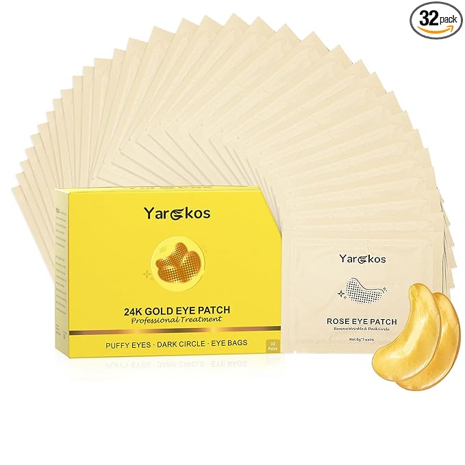 32 Pairs 24K Gold Under Eye Patches, Golden Cooling Hydrating Eye Mask for Dark Circles Puffiness Puffy Eyes, 32 Sets Anti Wrinkle Collagen Undereye Pad, Travel Beauty Skincare Face Gel