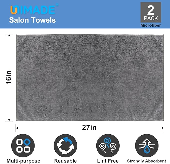 UNIMADE 2 Pack Gym Towels Set - Highly Absorbent and Quick Drying Microfiber Salon Towels, Premium Hand Cloths for Bathroom, Gym, Shower, Hotel, and Spa - 16x27 inch (Grey)