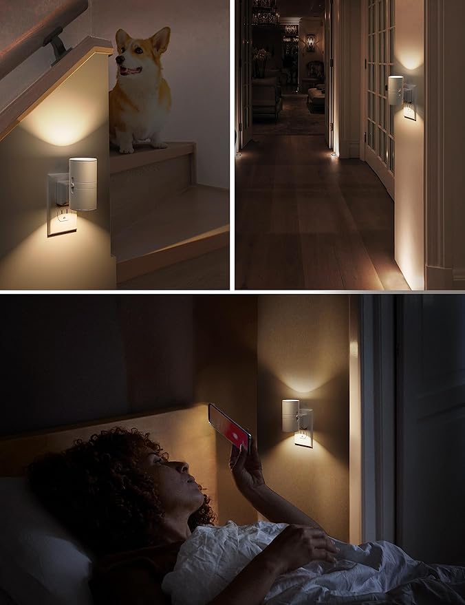 L LOHAS LED Night Light, Night Lights Plug into Wall, Dimmable Nightlight, 3000K Soft Light with Light Sensor, White Shade Nightlights Plug in Wall for Adults Hallway Bedroom Bathroom Kitchen, 4 Pack