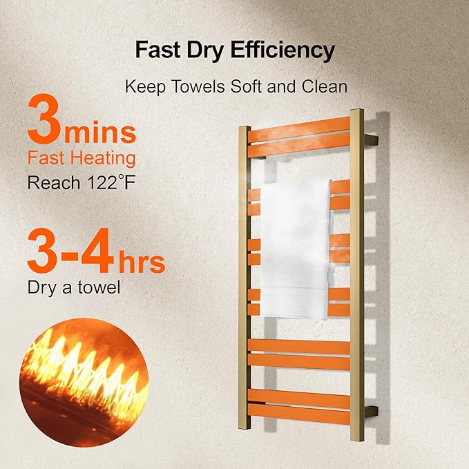 Electric Towel Warmer - Wall Mounted Bathroom Heated Towel Rack, Plug-in Design & Brushed Stainless Steel Finish Gold
