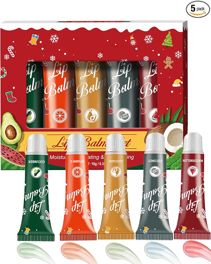 Moisturizing Lip Balm Gift Set,5 Pcs Hydrating Lip Oil Gloss for Dry Cracked Lips,Non-sticky Long Lasting Clear Jelly Yummy Tint Lipstain Fruit Flavoured Glow Lipcare Oil Christmas Women Makeup Gift