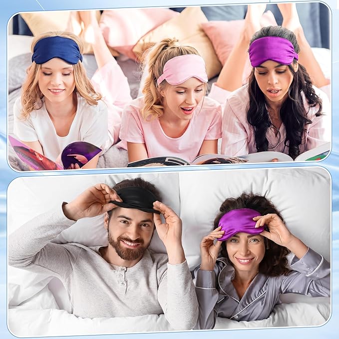 Cutecrop 12 Pcs Silk Sleep Masks Soft Satin Eye Masks with Adjustable Elastic Strap for Sleeping Comfortable Blindfold Eyeshade for Men Women Nap Night Travel Gifts (Pink, Black, Navy Blue, Purple)