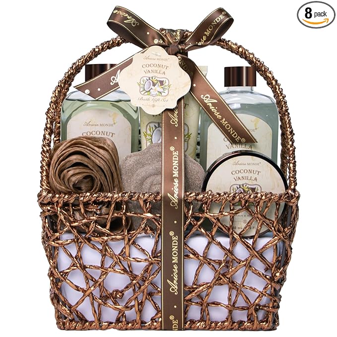 Spa Gift Baskets - Coconut Vanilla Bath Gift Set for Women, Relaxing Spa Kit with Bath Bombs, Body Lotion and Body Scrub, Birthday Gifts for Women, Christmas Spa Gifts for Mom