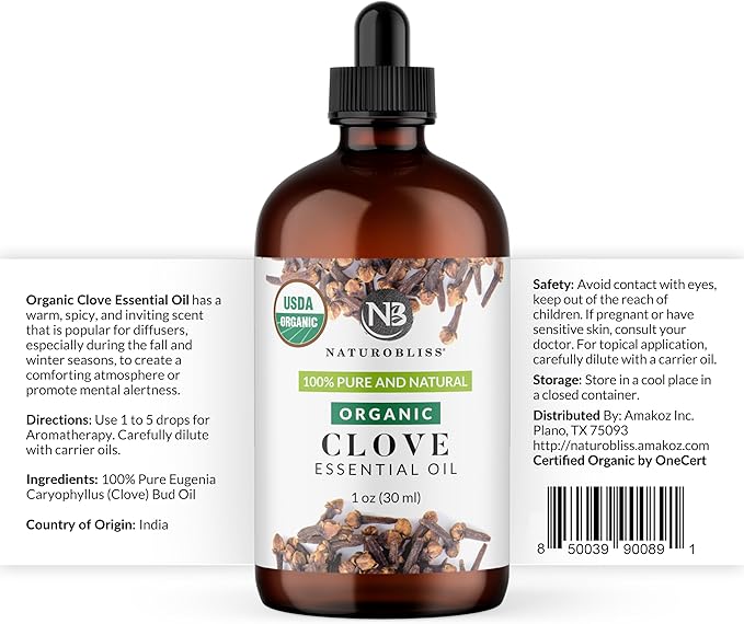 NaturoBliss Organic Clove Essential Oil 1 oz – 100% Pure, Natural, Undiluted for Toothache, Sore Muscles, Skin & Hair Care - Soothing Clove Bud Oil for Aromatherapy, Warm Spicy Aroma
