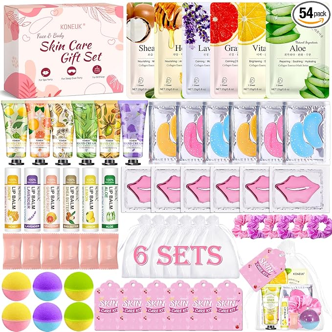 60PCS Spa Party Supplies for Girls, Include Face Masks, Hand Cream, Lip Balm, Foot Bath Bombs, Lip Mask, Under Eye Patches, Compressed Towels, Spa Birthday and Sleepover Party Supplies for Girls Women