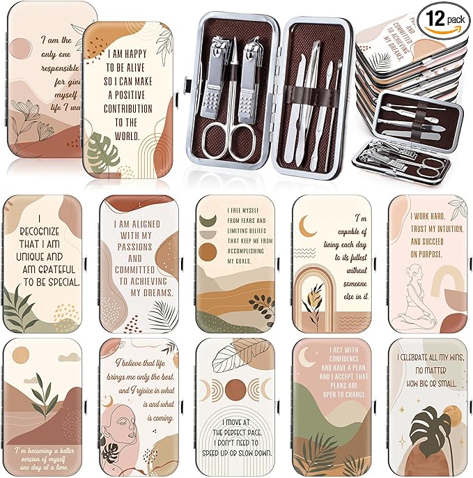 Capoda 12 Set Positive Affirmations Gifts Bulk Manicure Set Mothers Day Gift Nail Clippers Kit 7 in 1 Boho Inspirational Manicure Kit for Women Coworkers Employee Teacher Staff Nurse Gifts Supplies
