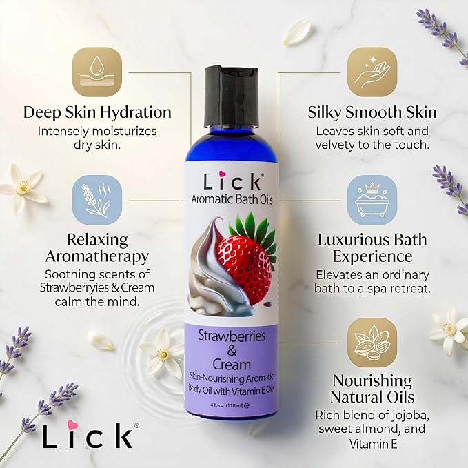 Lick Strawberries and Cream Aromatic Bath Oil - Indulgent Scent Dessert Blends - Aromatherapy Soak Oils for Skin Softening, 4 oz